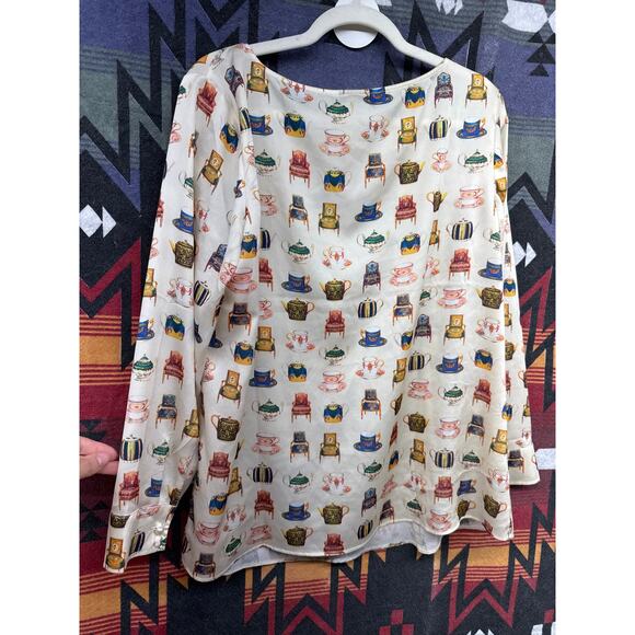 Talbots White Chairs Teacups Victorian Blouse Royal Large Novelty Print Whimsy - Picture 7 of 7